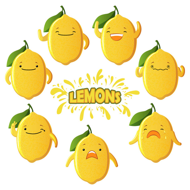 Conjunto de caracteres de limón cortado. Lindos personajes frutales aislados sobre fondo blanco
 - Foto, Imagen