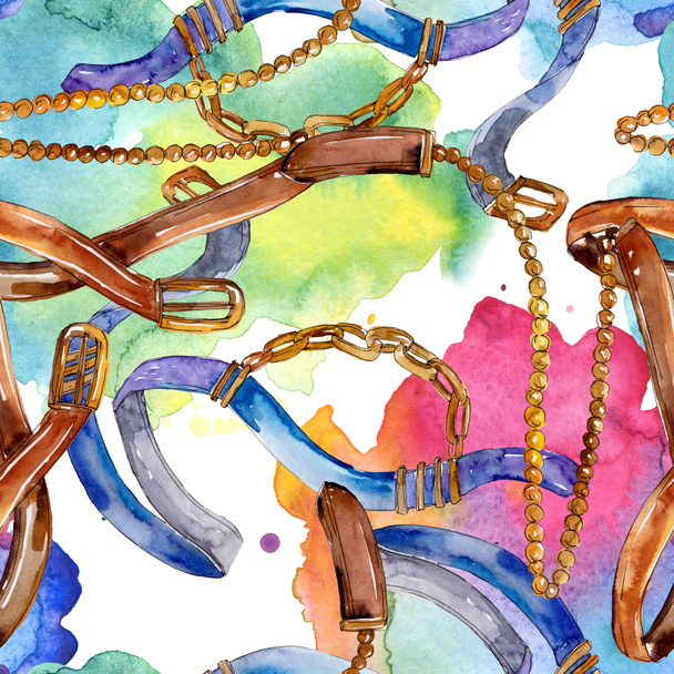Belt and chain fashion glamour illustration. Accessories watercolor set.  - Fotó, kép