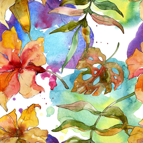 Exotic tropical hawaiian summer. Watercolor background illustration set. Seamless background pattern. - Photo, Image