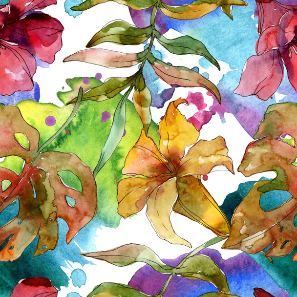 Verano hawaiano tropical exótico. Conjunto de ilustración de fondo acuarela. Patrón de fondo sin costuras
. - Foto, imagen