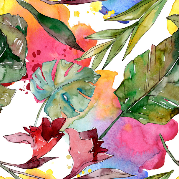 Exotic tropical hawaiian summer. Palm beach tree leaves jungle botanical. Watercolor illustration set. Watercolour drawing aquarelle. Seamless background pattern. Fabric wallpaper print texture. - Φωτογραφία, εικόνα