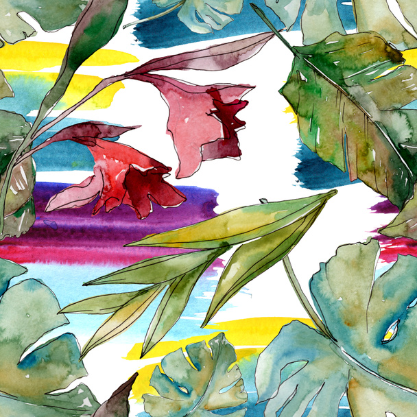 Exotic tropical hawaiian summer. Palm beach tree leaves jungle botanical. Watercolor illustration set. Watercolour drawing aquarelle. Seamless background pattern. Fabric wallpaper print texture. - Photo, Image