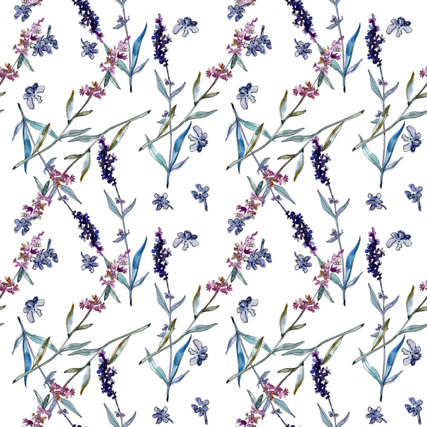 Lavender floral botanical flowers. Watercolor background illustration set. Seamless background pattern. - Фото, изображение