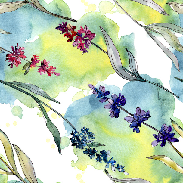 Lavendel blühende botanische Blumen. Aquarell Hintergrundillustration Set. nahtloses Hintergrundmuster. - Foto, Bild