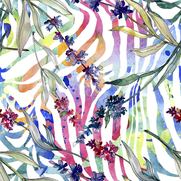 Lavender floral botanical flowers. Watercolor background illustration set. Seamless background pattern. - Fotoğraf, Görsel