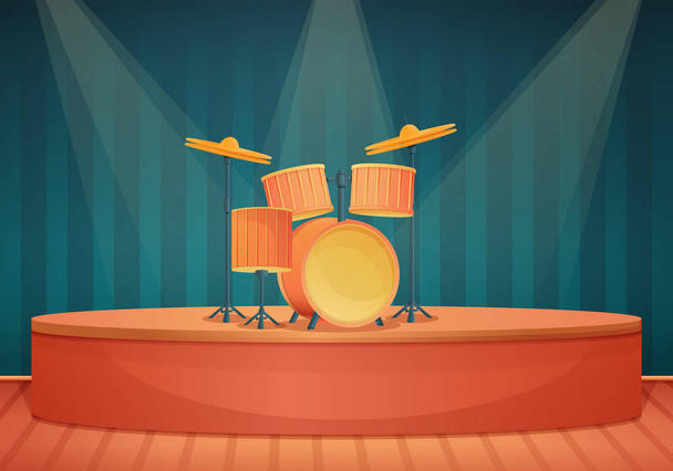 Мультфильм сцена с барабанами и прожекторами, векторная иллюстрация
 - Вектор,изображение