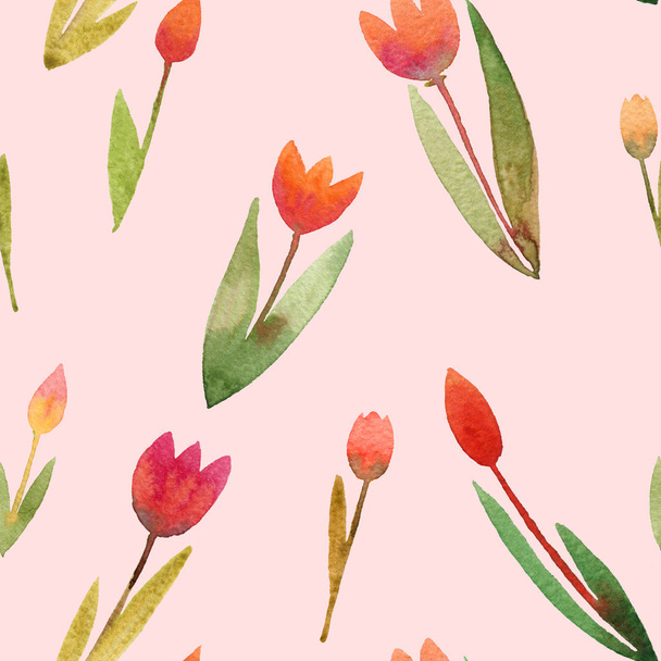 Floral Seamless Pattern with Watercolor Tulips. Spring Background with Blossom Flowers for Fabric, Wallpaper, Posters, Banners. - Фото, зображення