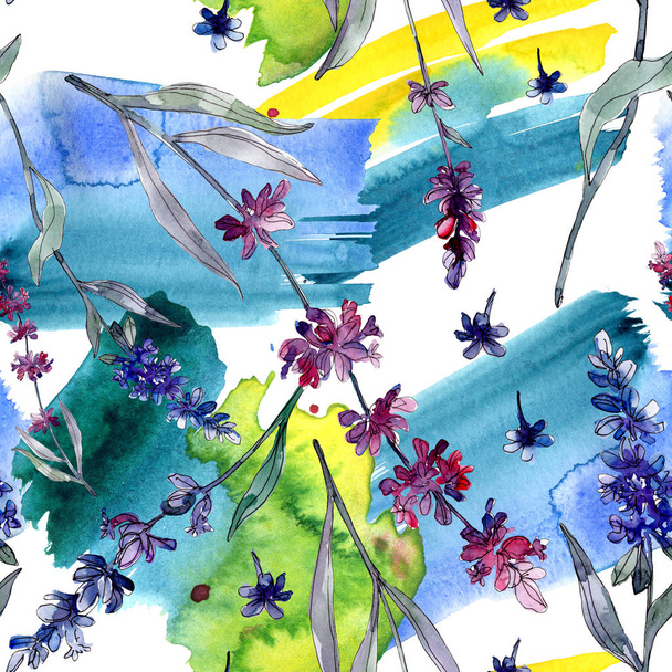 Lavender floral botanical flowers. Wild spring leaf wildflower. Watercolor illustration set. Watercolour drawing fashion aquarelle. Seamless background pattern. Fabric wallpaper print texture. - Foto, Bild
