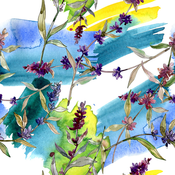 Purple lavender floral botanical flowers. Wild spring leaf wildflower. Watercolor illustration set. Watercolour drawing fashion aquarelle. Seamless background pattern. Fabric wallpaper print texture. - Фото, изображение