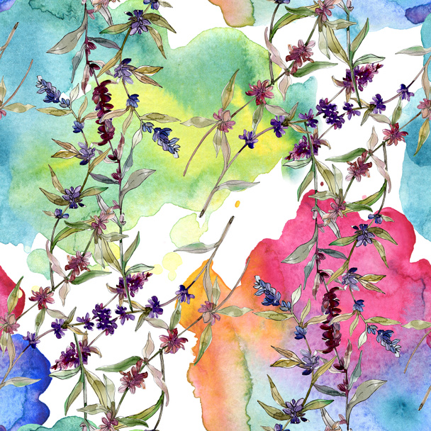 Purple lavender floral botanical flowers. Wild spring leaf wildflower. Watercolor illustration set. Watercolour drawing fashion aquarelle. Seamless background pattern. Fabric wallpaper print texture. - Foto, Bild
