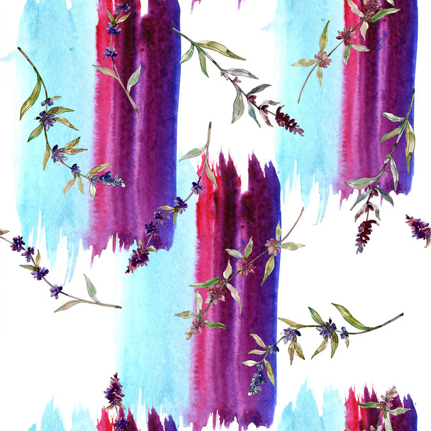 Purple lavender floral botanical flowers. Wild spring leaf wildflower. Watercolor illustration set. Watercolour drawing fashion aquarelle. Seamless background pattern. Fabric wallpaper print texture. - Photo, Image