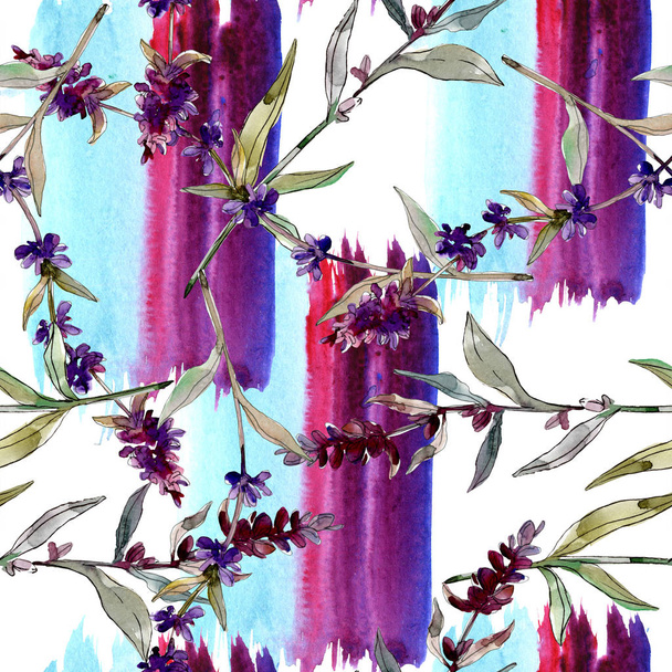 Purple lavender floral botanical flowers. Wild spring leaf wildflower. Watercolor illustration set. Watercolour drawing fashion aquarelle. Seamless background pattern. Fabric wallpaper print texture. - 写真・画像