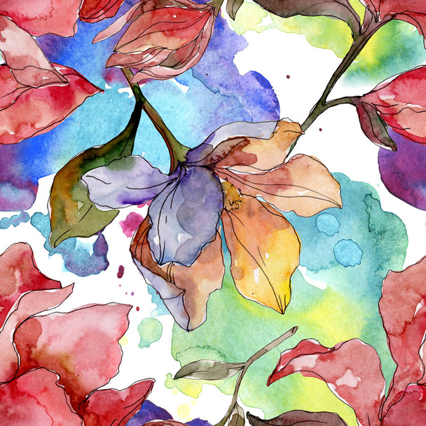 Camelia floral botanical flowers. Watercolor background illustration set. Seamless background pattern. - Фото, изображение