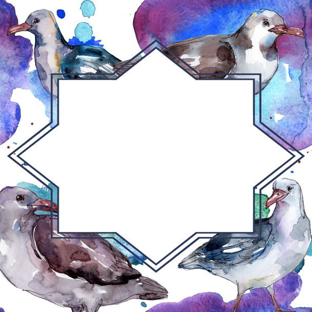 Sky bird seagull in a wildlife isolated. Wild freedom, bird with a flying wings. Watercolor background illustration set. Watercolour drawing fashion aquarelle. Frame border ornament square. - Foto, imagen