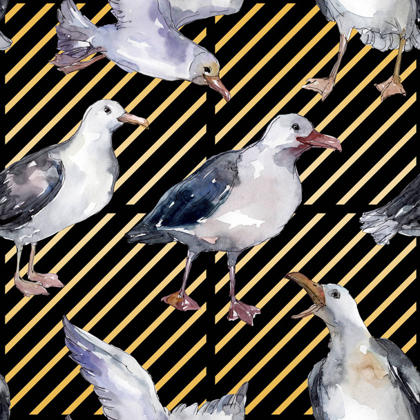 Sky bird seagull in a wildlife. Wild freedom, bird with a flying wings. Watercolor illustration set. Watercolour drawing fashion aquarelle. Seamless background pattern. Fabric wallpaper print texture. - Foto, immagini