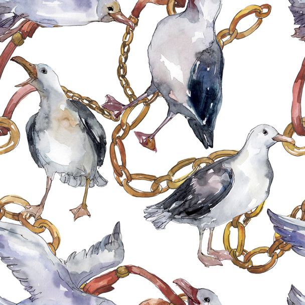 Sky bird seagull in a wildlife. Wild freedom, bird with a flying wings. Watercolor illustration set. Watercolour drawing fashion aquarelle. Seamless background pattern. Fabric wallpaper print texture. - Fotoğraf, Görsel