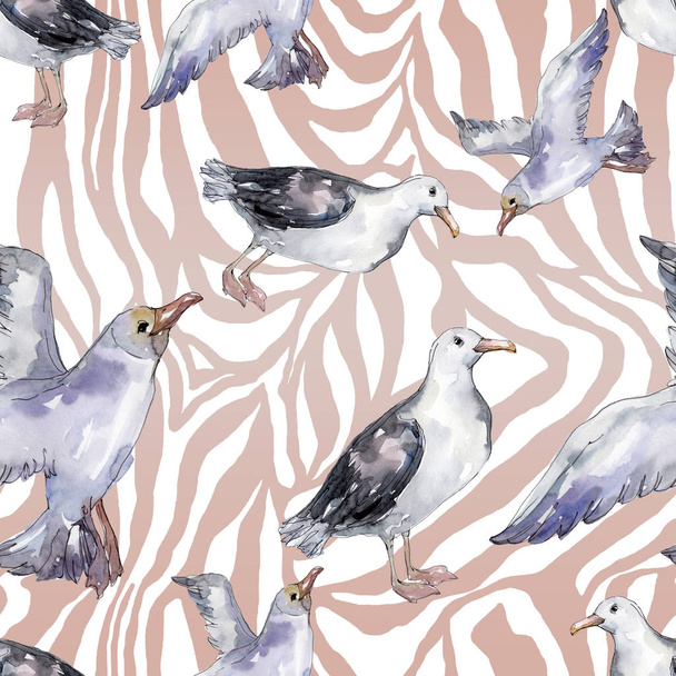 Sky bird seagull in a wildlife. Wild freedom, bird with a flying wings. Watercolor illustration set. Watercolour drawing fashion aquarelle. Seamless background pattern. Fabric wallpaper print texture. - Fotó, kép