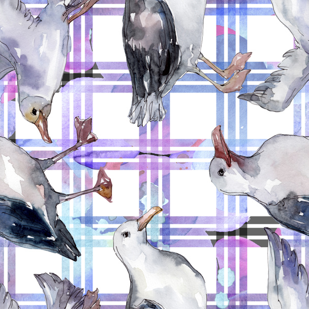 Sky bird seagull in a wildlife. Wild freedom, bird with a flying wings. Watercolor illustration set. Watercolour drawing fashion aquarelle. Seamless background pattern. Fabric wallpaper print texture. - Фото, зображення