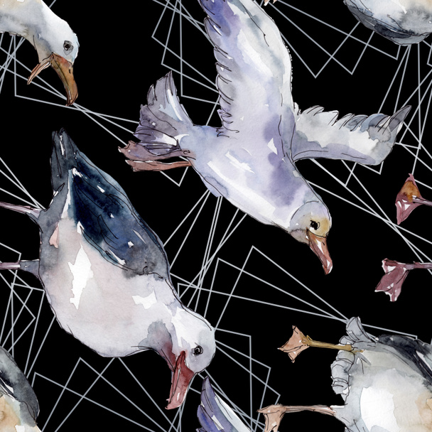 Sky bird seagull in a wildlife. Wild freedom, bird with a flying wings. Watercolor illustration set. Watercolour drawing fashion aquarelle. Seamless background pattern. Fabric wallpaper print texture. - 写真・画像