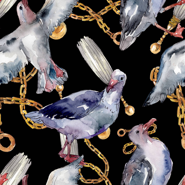 Sky bird seagull in a wildlife. Wild freedom, bird with a flying wings. Watercolor illustration set. Watercolour drawing fashion aquarelle. Seamless background pattern. Fabric wallpaper print texture. - Foto, imagen
