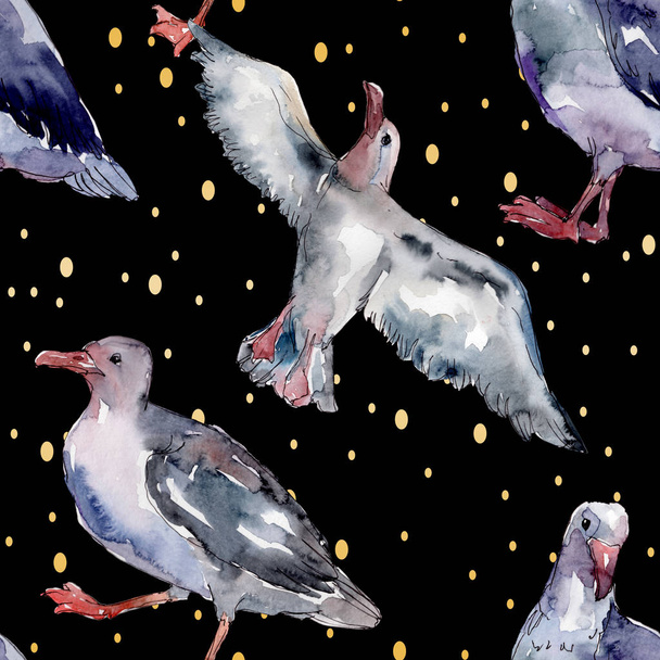 Sky bird seagull in a wildlife. Wild freedom, bird with a flying wings. Watercolor illustration set. Watercolour drawing fashion aquarelle. Seamless background pattern. Fabric wallpaper print texture. - Фото, изображение