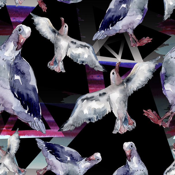 Sky Bird Seagull in een Wildlife. Wilde vrijheid, vogel met een vliegende vleugels. Aquarel illustratie set. Aquarel tekening mode Aquarelle. Naadloos achtergrond patroon. Stof wallpaper print textuur. - Foto, afbeelding