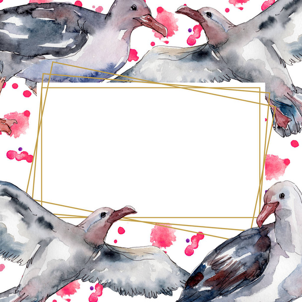 Sky bird seagull in a wildlife. Wild freedom, bird with a flying wings. Watercolor background illustration set. Watercolour drawing fashion aquarelle isolated. Frame border ornament square. - Valokuva, kuva