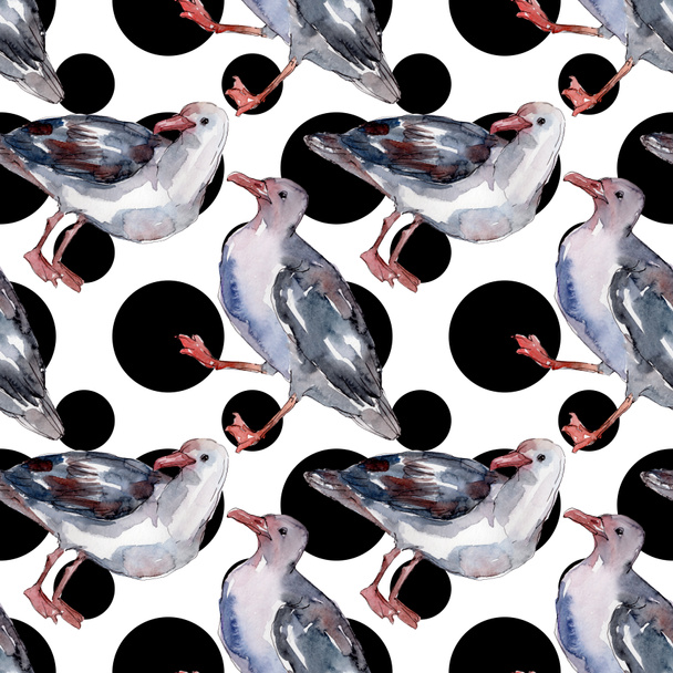 Sky Bird Seagull in een Wildlife. Wilde vrijheid, vogel met een vliegende vleugels. Aquarel illustratie set. Aquarel tekening mode Aquarelle. Naadloos achtergrond patroon. Stof wallpaper print textuur. - Foto, afbeelding