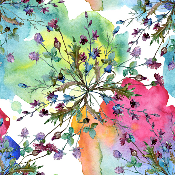 Wildflowers floral botanical flowers. Watercolor background illustration set. Seamless background pattern. - Foto, Imagen