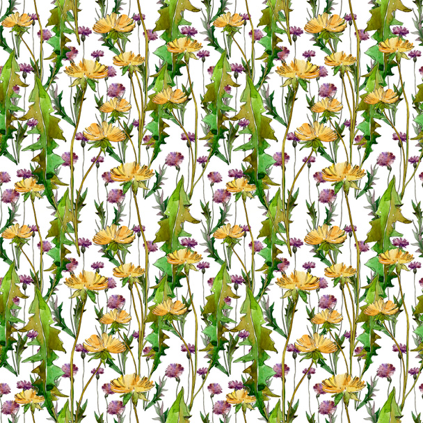 Wildflowers floral botanical flowers. Wild spring leaf wildflower. Watercolor illustration set. Watercolour drawing fashion aquarelle. Seamless background pattern. Fabric wallpaper print texture. - 写真・画像