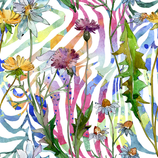 Wildflowers virágos botanikai virágok. Vad tavaszi levél vadvirág. Akvarell illusztráció meg. Akvarell rajz divat Aquarelle. Folytonos háttérmintázat. Szövet tapéta nyomtatási textúra. - Fotó, kép