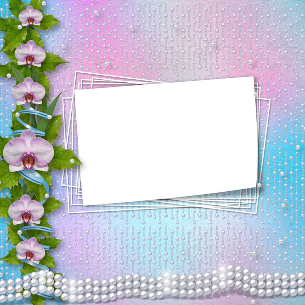 Greeting card with beautiful branch orchid and pearls for a wedd - Φωτογραφία, εικόνα