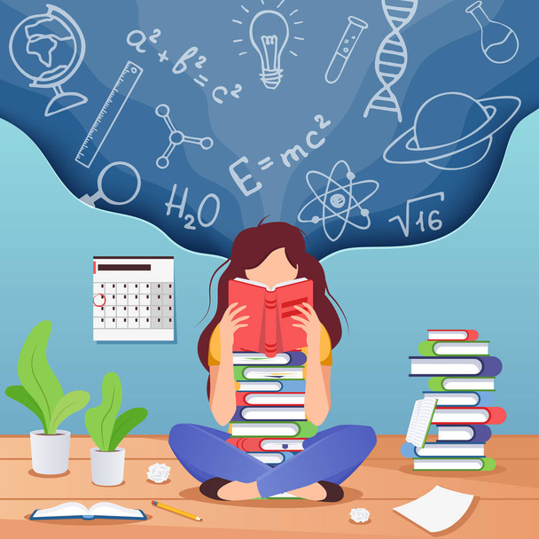 Дівчинка готується до іспиту. Молода жінка сидить, читає книгу і думає про формули. Освіта, концепція знань. Школа, навчання та література
 - Вектор, зображення