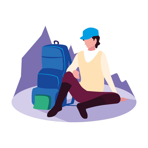 traveler man with backpack vacations - Vector, Image