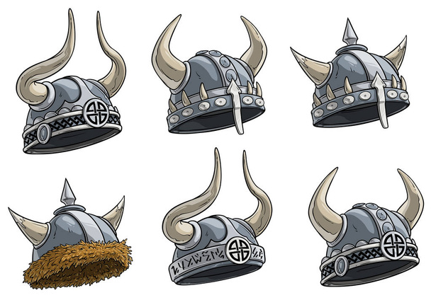 Cartoon metalen Viking helm met hoorns vector set - Vector, afbeelding