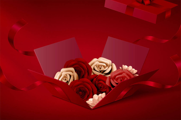 Paper roses in open gift box - Vector, afbeelding