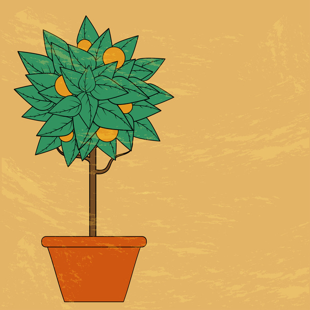 Tree with green leaves and fruit in a flower pot in red on an or - Vector, Image