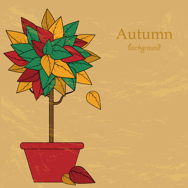 Árbol con hojas de otoño rojas y anaranjadas sobre fondo anaranjado.t
 - Vector, imagen
