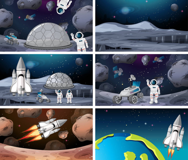 Set of different astronaut and rocket scene - Vector, Image