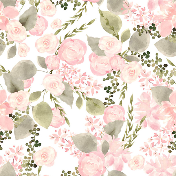 Bright colorful seamless pattern with flowers of roses and berry. - Valokuva, kuva