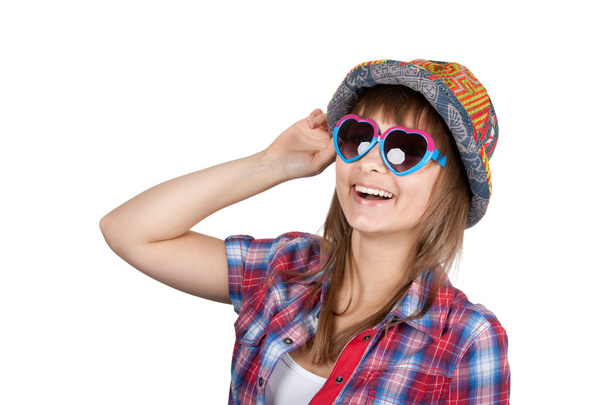 Beautiful girl smiles in sunglasseses - Фото, изображение