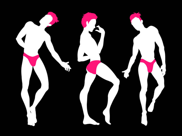 Sexy handsome men silhouettes dancing in underwear, stripper, go - Vector, Image
