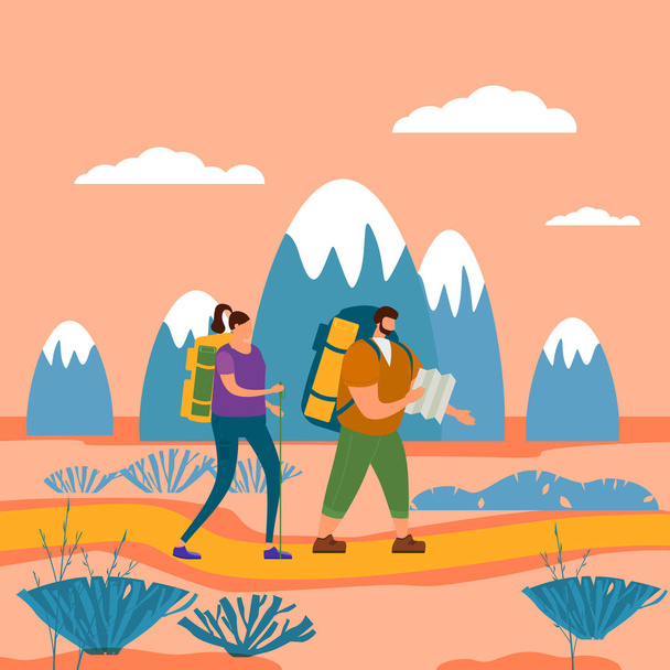 アウトドア観光活動を行う愛の観光客かわいいカップル - アドベンチャー旅行、ハイキングウォーキング旅行観光スポーツやレクリエーションバックパッキングやキャンプ野生の自然トレッキング。山の風景 - ベクター画像
