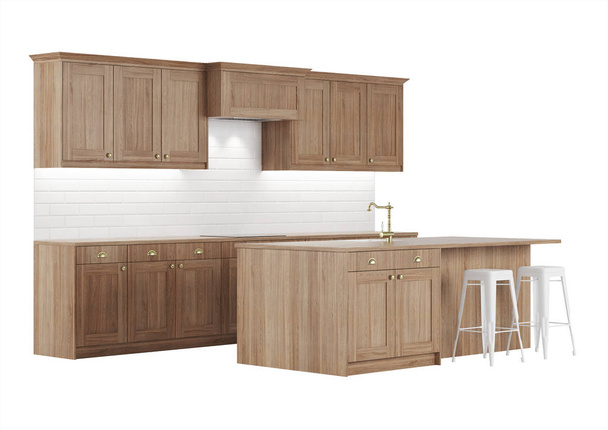 Houten keuken geïsoleerd op witte achtergrond. 3D-rendering. - Foto, afbeelding