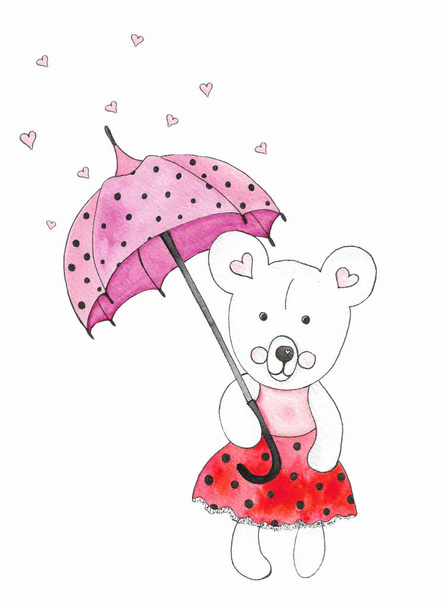 Dziecko dziewczyna niedźwiedź i różowy parasol.Akwarela ilustracja cute bajki zabawy pluszowy miś. Ręcznie rysowane ilustracja akwarela, izolowane  - Zdjęcie, obraz