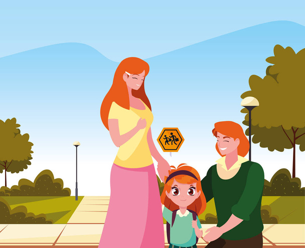 parents with school girl in the street - Vector, Image