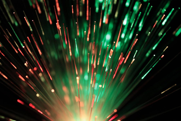 Bundle of optic fibers in red and green light - Foto, afbeelding