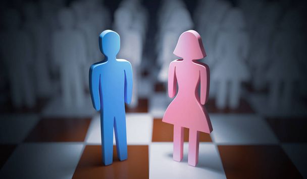 Man and woman standing on chess board. Gender equality concept.  - Photo, Image