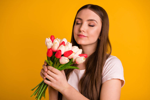 Close up photo beautiful amazing her she lady very long hairstyle hands smell fresh flowers white red tulips surprise birthday party eyes closed wear casual t-shirt isolated bright yellow background - Photo, Image