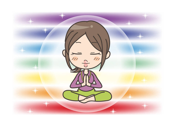 Meditation in Seven chakras color -  Woman is holding her hands together in prayer - Vector, Image